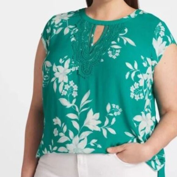 Daniel Rainn Green Teal Size 1X Floral Mixed Media Keyhole Crochet Lace Tropical - Picture 1 of 10